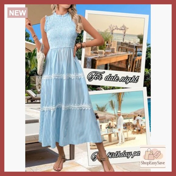 Striped Midi Dress Sleeveless Smocked Tiered Flowy Vintage Casual Summer - Picture 5 of 7